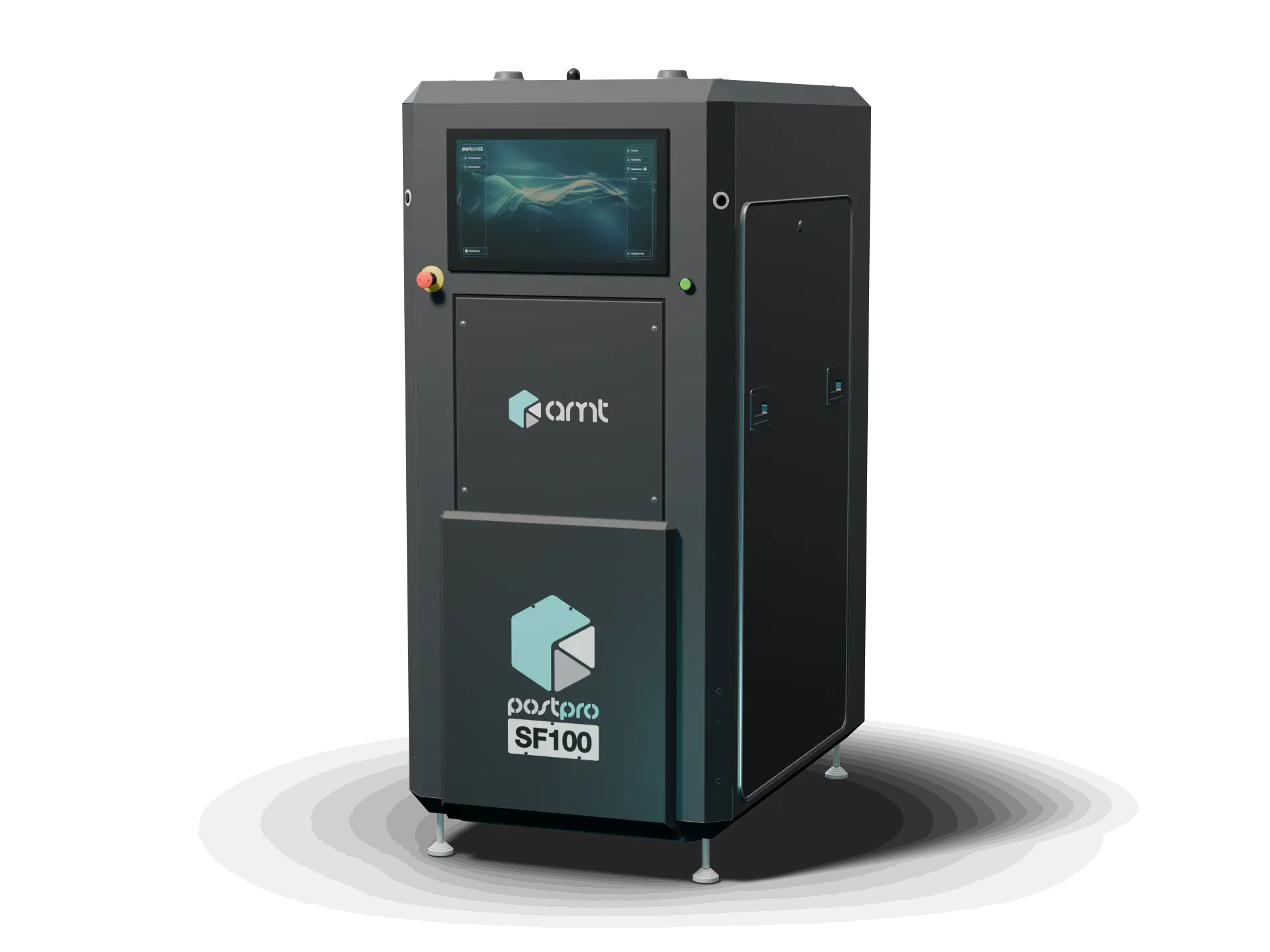 PostPro SF100 vapor smoothing system, near-black with a touchscreen and the PostPro SF100 door panel, front three-quarter view