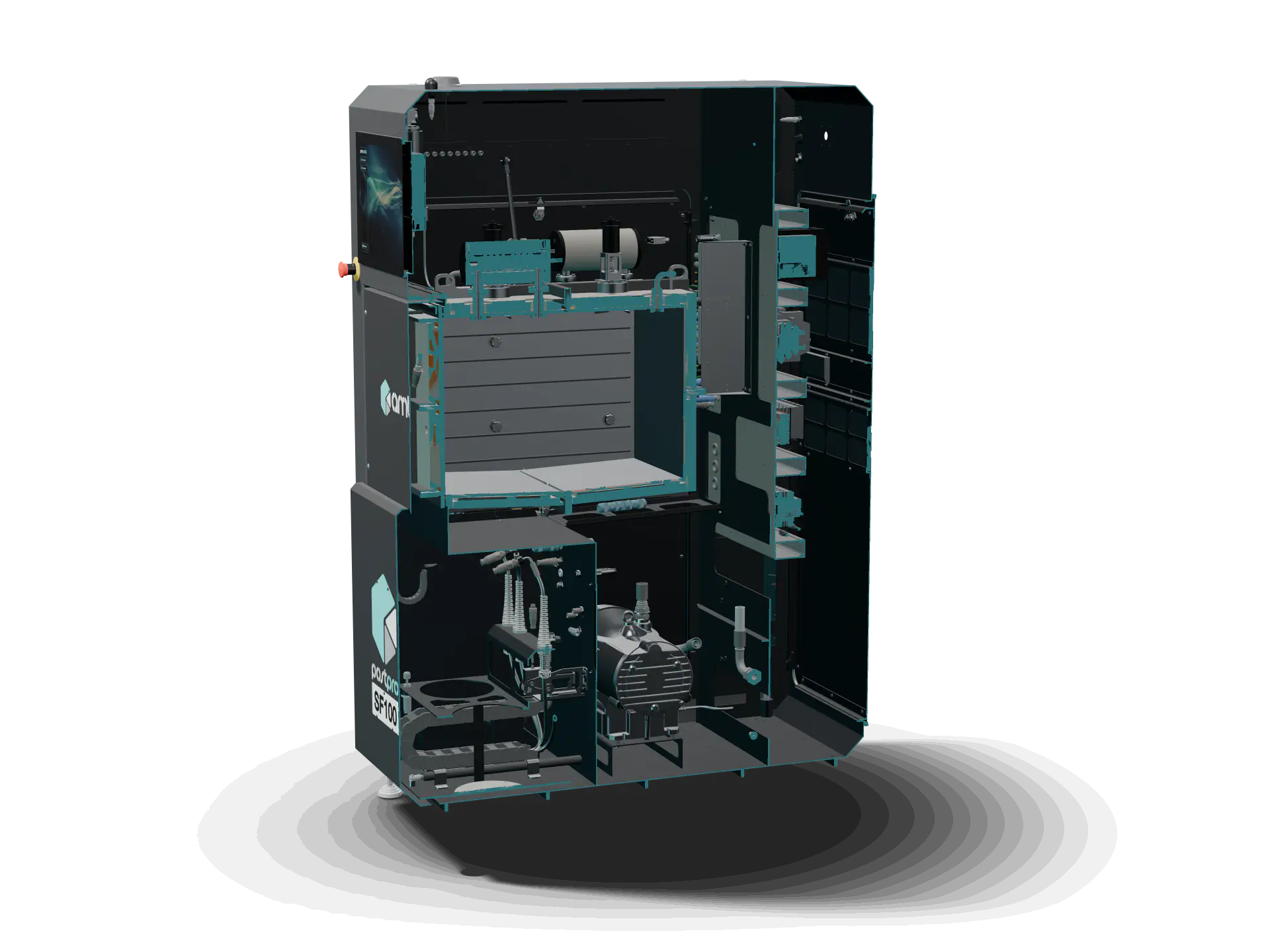 Section A–A through the PostPro SF100, cut through the process chamber and a vapor generator