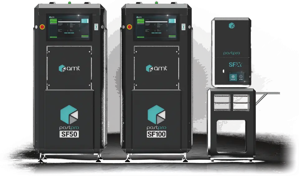 PostPro SF50, SF100 and SFX vapor smoothing systems side by side on a dark stage