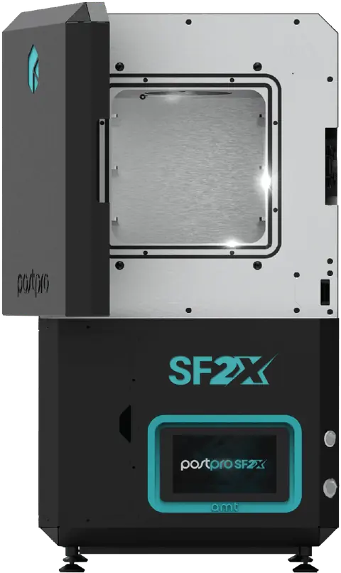 PostPro SF2X desktop vapor smoothing system, front view with the chamber door open